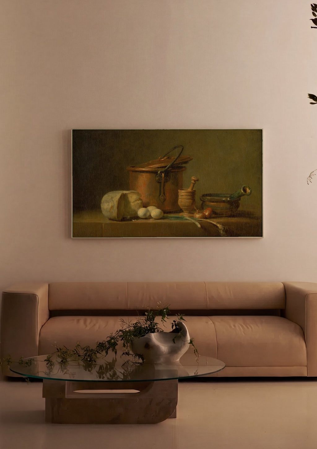 Quadro Decorativo Natureza-Morta com Queijo, Ovos e Utensílios - Chardin em ambiente decorado