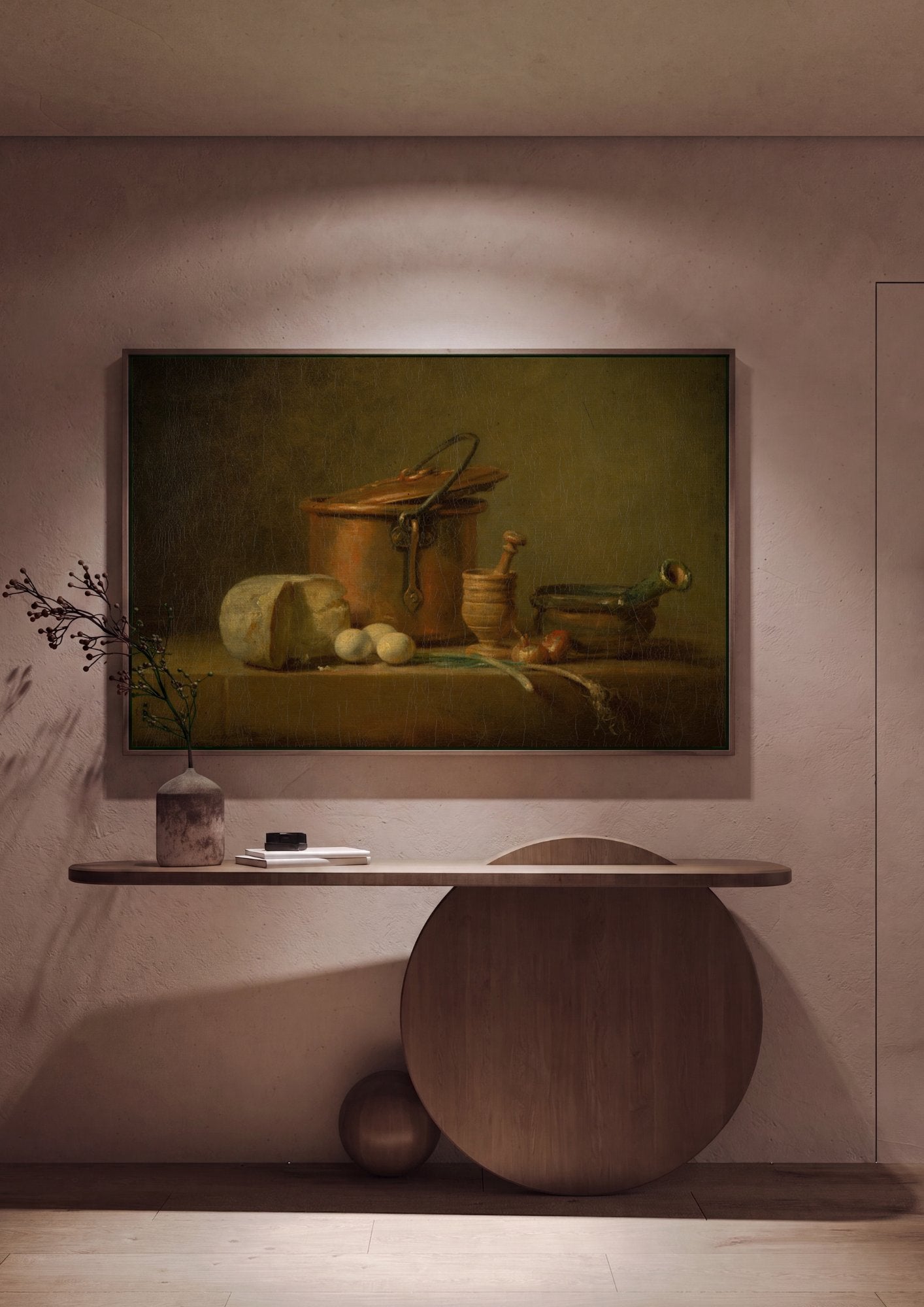 Quadro Decorativo Natureza-Morta com Queijo, Ovos e Utensílios - Chardin em ambiente decorado
