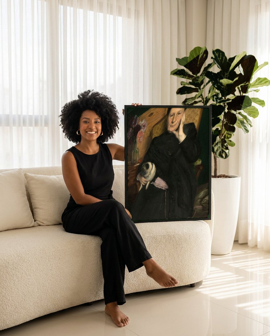 Quadro Decorativo Senhora com Pug - Jacques Émile Blanche com modelo em ambiente