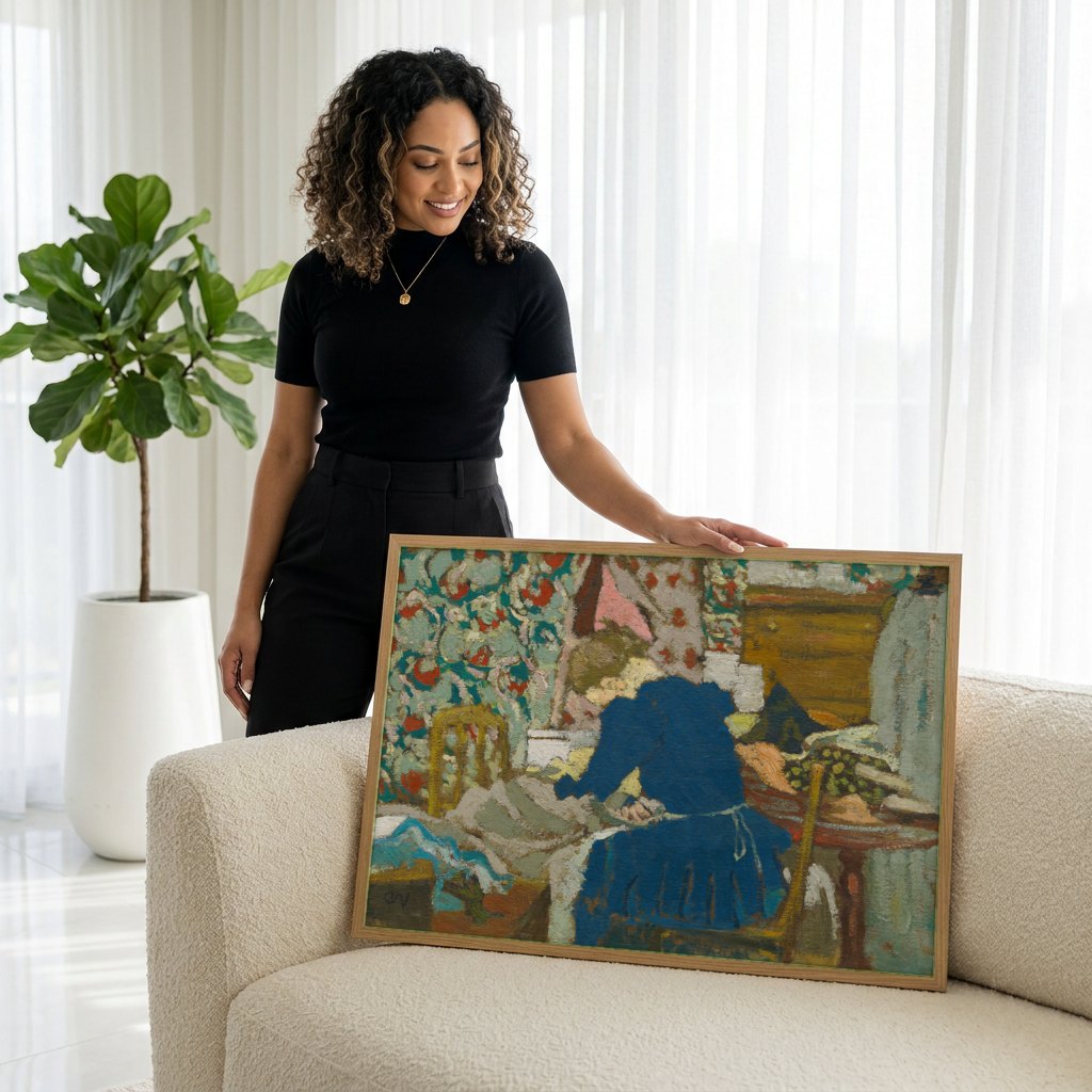 Quadro Decorativo A Costureira (La Couturière) - Vuillard | modelo apresentando o quadro emoldurado