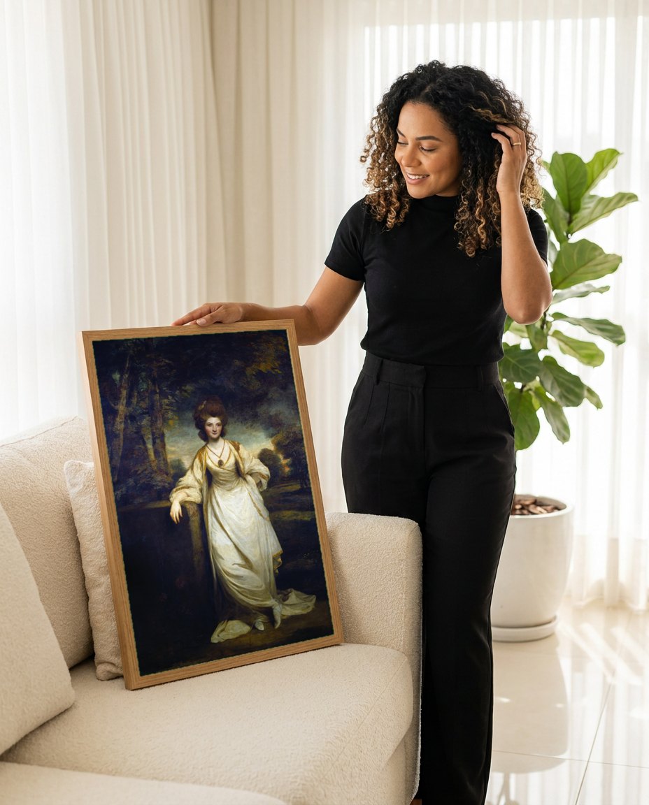 Quadro Decorativo Senhora em Branco - Sir Joshua Reynolds | modelo apresentando o quadro emoldurado