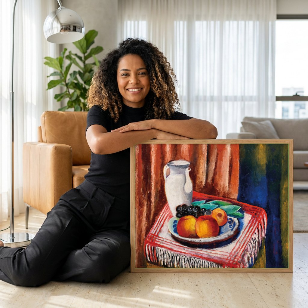 Quadro Decorativo Natureza-Morta com Jarra e Frutas - Moïse Kisling | modelo apresentando o quadro emoldurado