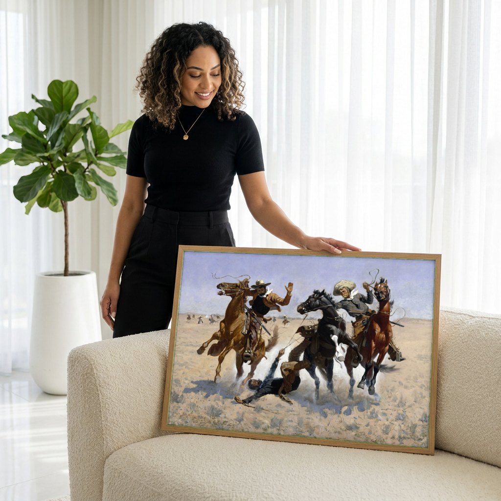 Quadro Decorativo A Queda do Vaqueiro - Frederic Remington | modelo apresentando o quadro emoldurado