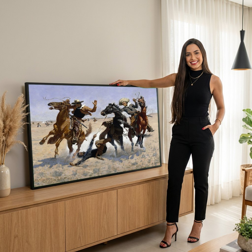 Quadro Decorativo A Queda do Vaqueiro - Frederic Remington | modelo apresentando o quadro emoldurado