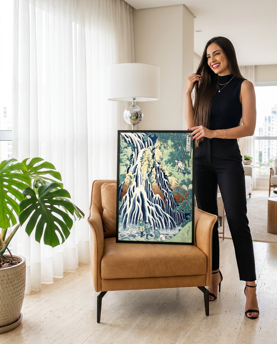 Quadro Decorativo A Cachoeira de Kirifuri - Hokusai | modelo apresentando o quadro emoldurado