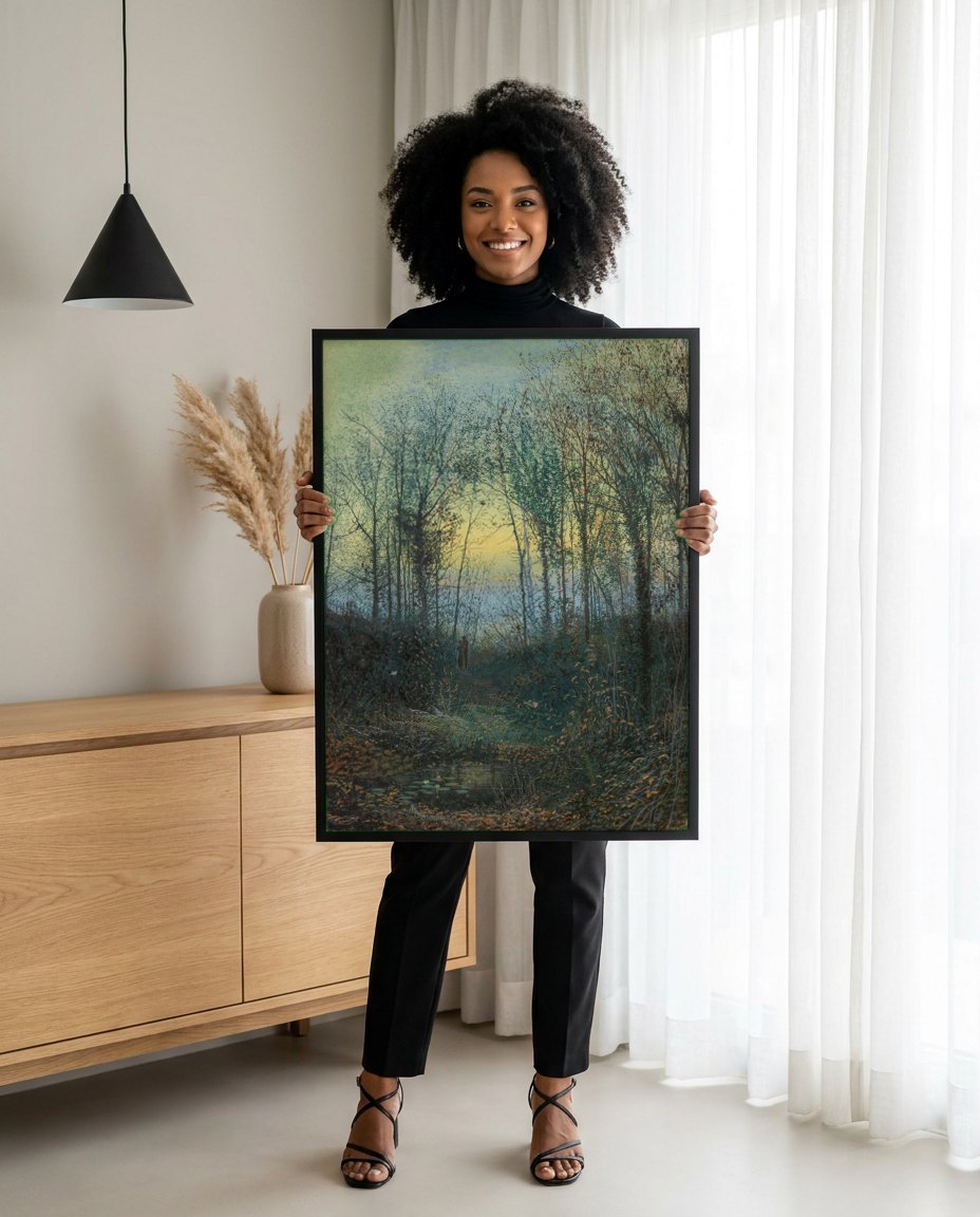 Quadro Decorativo Floresta ao Anoitecer - Grimshaw | modelo apresentando o quadro emoldurado