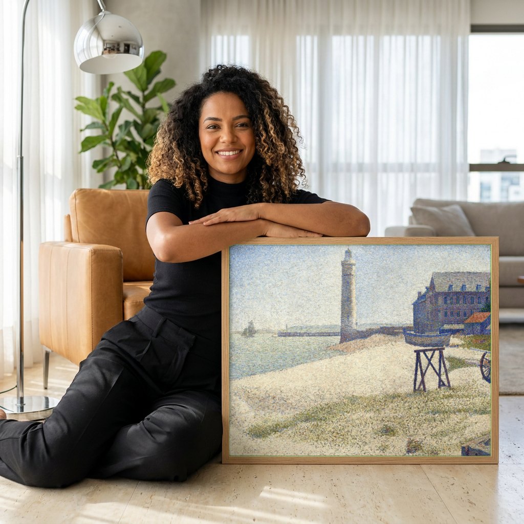 Quadro Decorativo Porto de Honfleur - Georges Seurat | modelo apresentando o quadro emoldurado