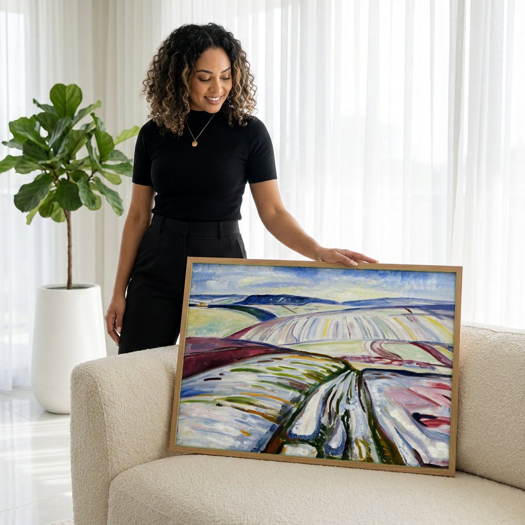 Quadro Decorativo Campo de Inverno - Edvard Munch | modelo apresentando o quadro emoldurado