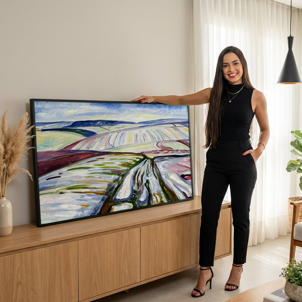 Quadro Decorativo Campo de Inverno - Edvard Munch | modelo apresentando o quadro emoldurado