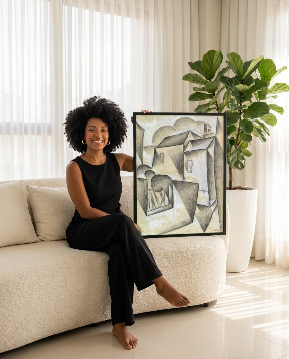 Quadro Decorativo Casas Cubistas - Juan Gris | modelo apresentando o quadro emoldurado
