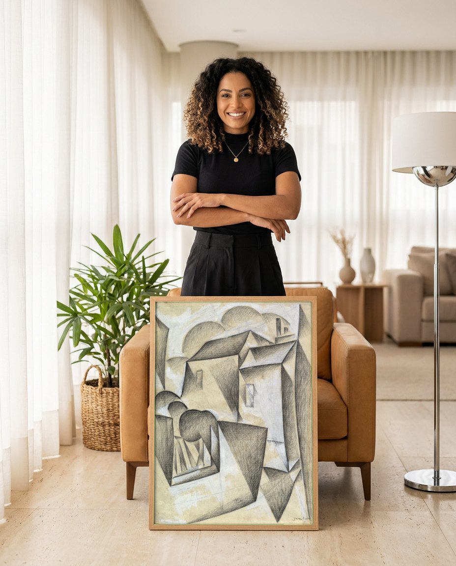 Quadro Decorativo Casas Cubistas - Juan Gris | modelo apresentando o quadro emoldurado
