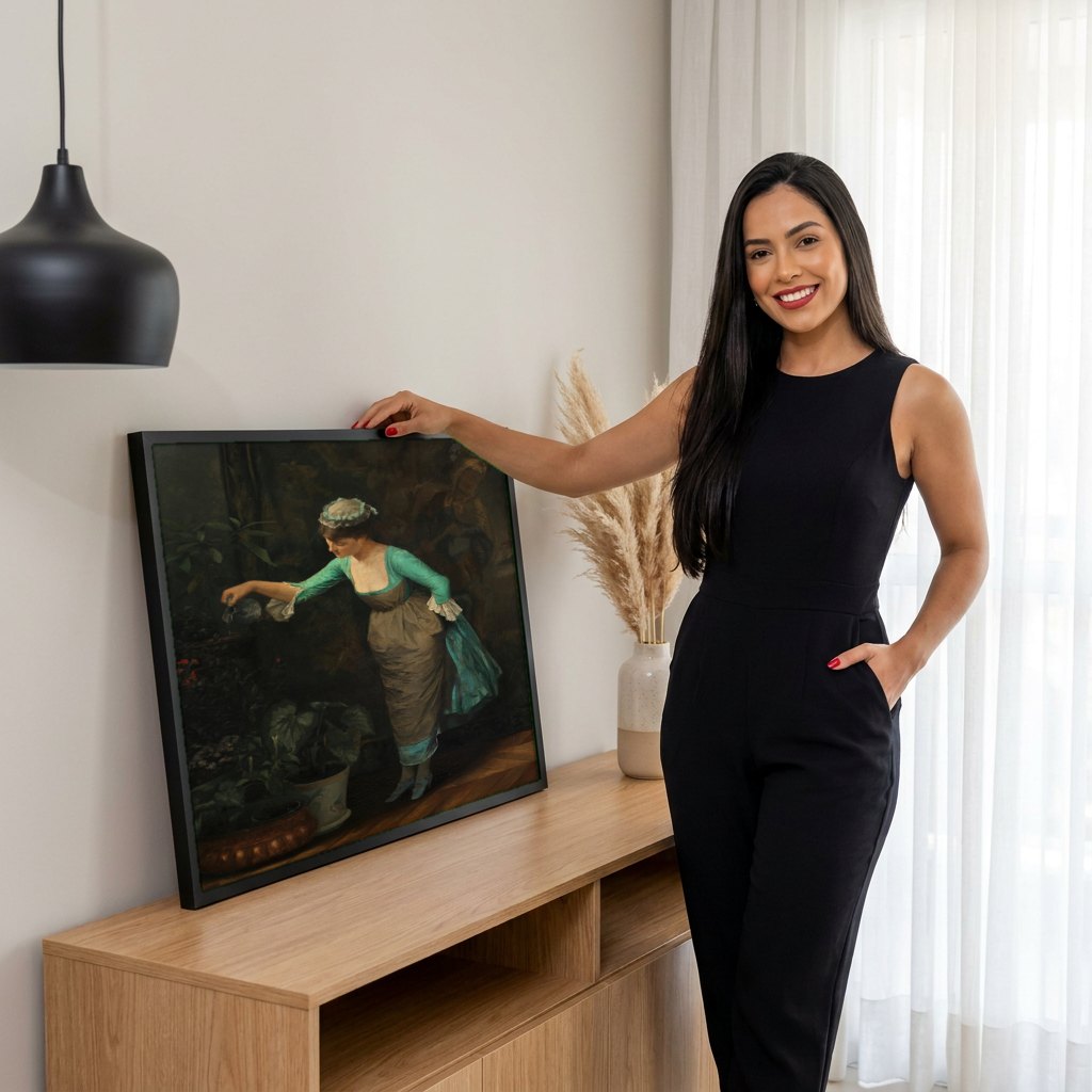 Quadro Decorativo A Regadora - Theodoros Rall | modelo apresentando o quadro emoldurado