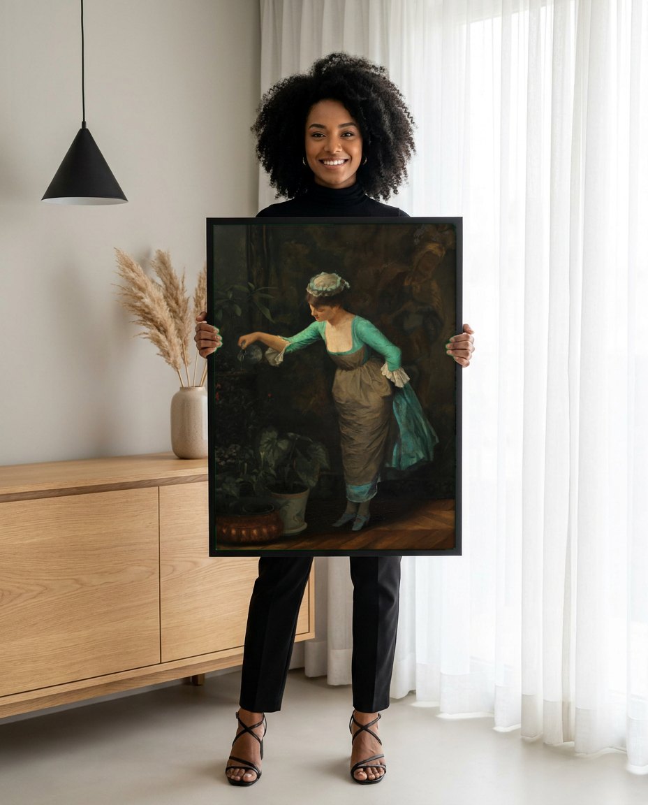 Quadro Decorativo A Regadora - Theodoros Rall | modelo apresentando o quadro emoldurado
