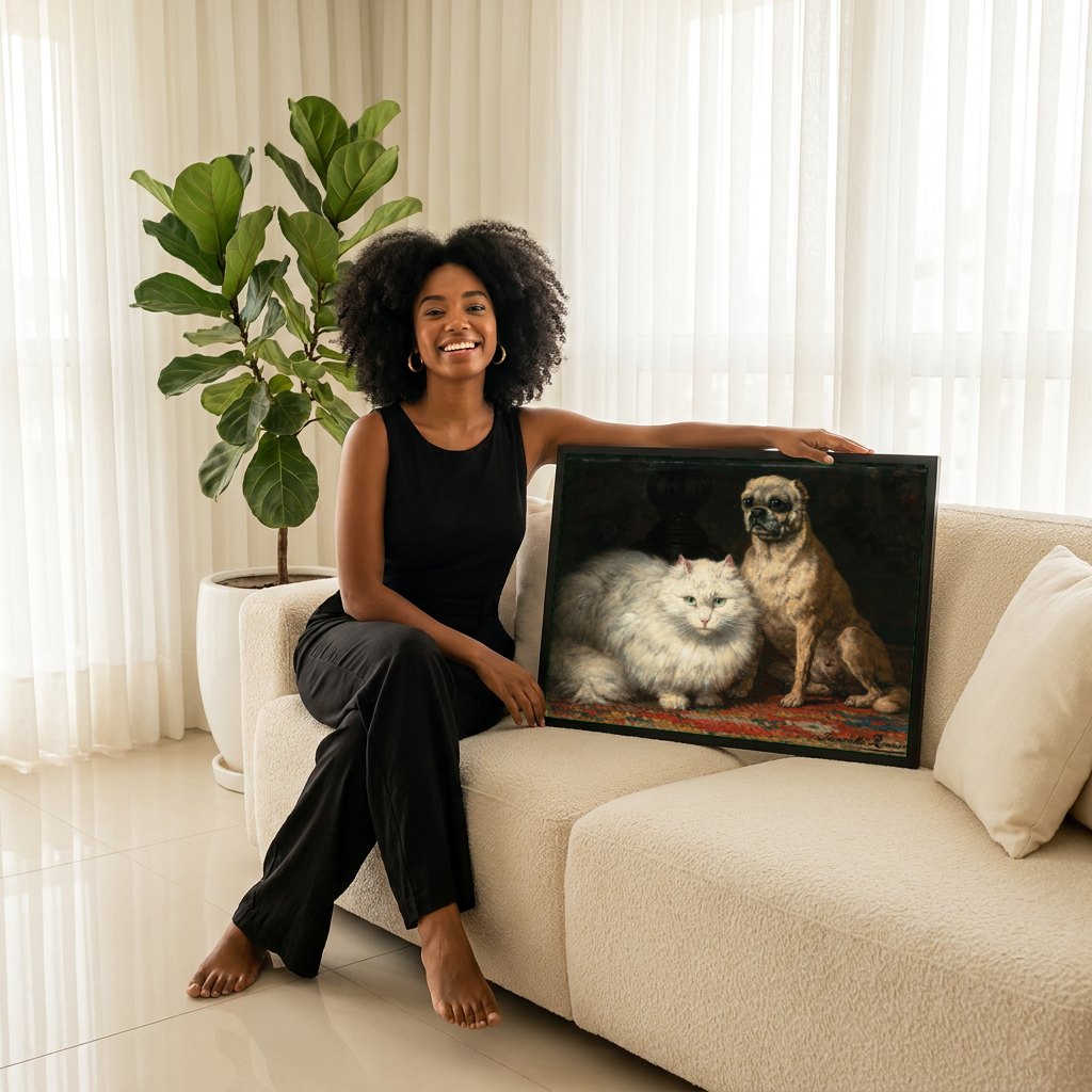 Quadro Decorativo Cão e Gato - Henriëtte Ronner Knip | modelo apresentando o quadro emoldurado