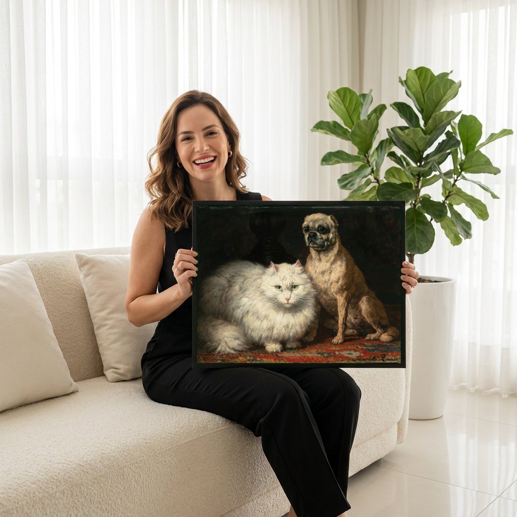Quadro Decorativo Cão e Gato - Henriëtte Ronner Knip | modelo apresentando o quadro emoldurado