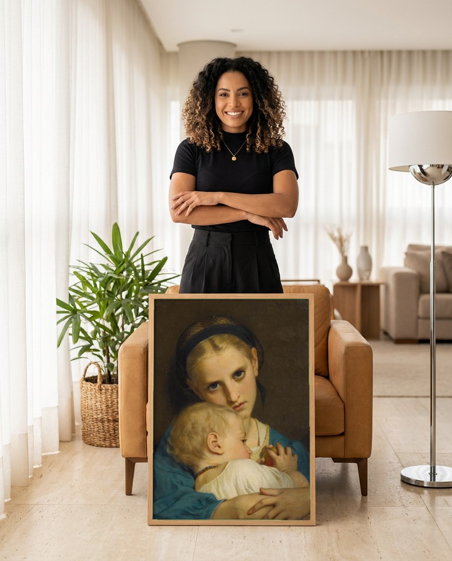Quadro Decorativo A Jovem Mãe - Hugues Merle | modelo apresentando o quadro emoldurado