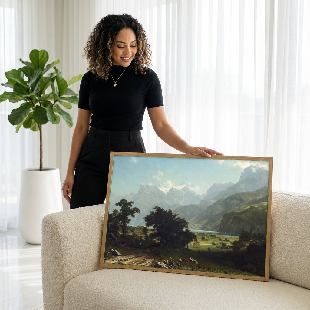 Quadro Decorativo Montanhas Suíças - Albert Bierstadt | modelo apresentando o quadro emoldurado