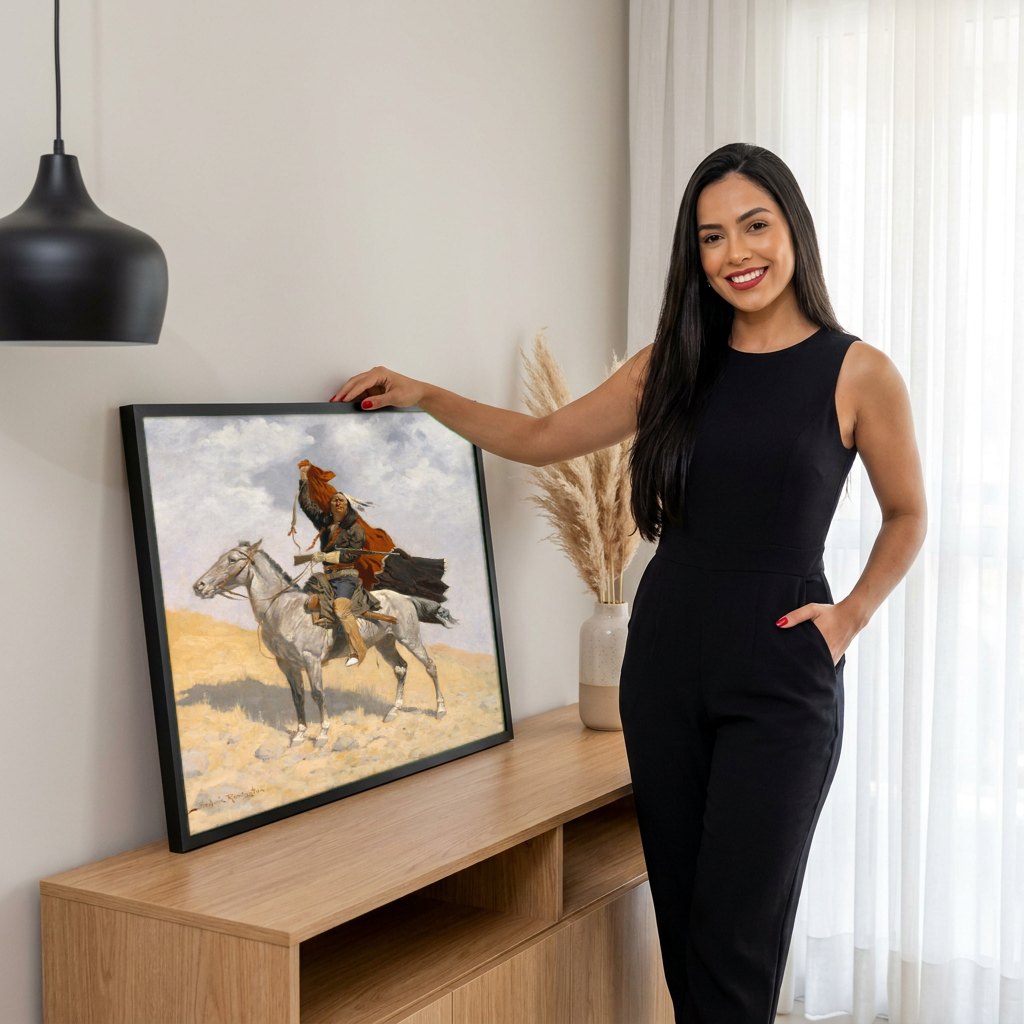 Quadro Decorativo 'O Guerreiro' - Frederic Remington | modelo apresentando o quadro emoldurado