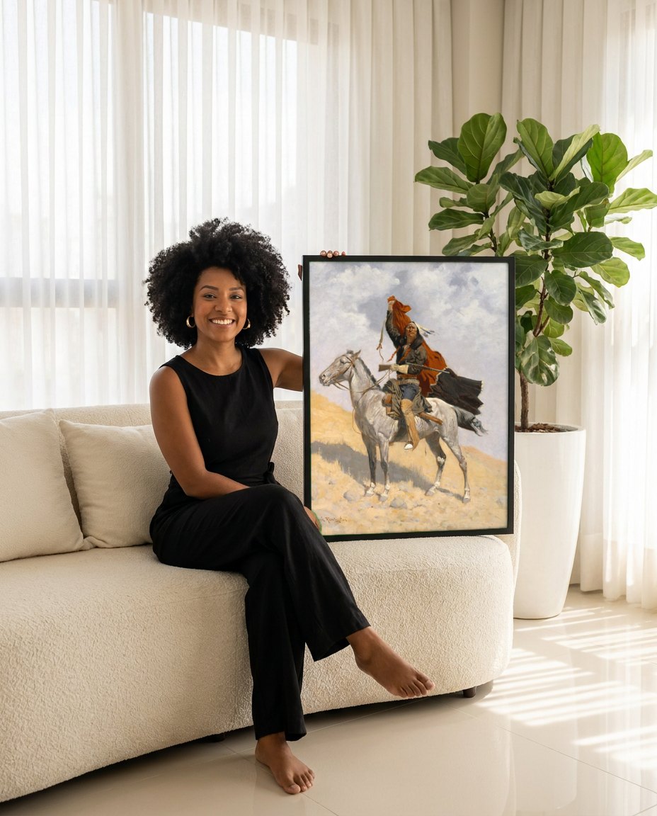Quadro Decorativo 'O Guerreiro' - Frederic Remington | modelo apresentando o quadro emoldurado