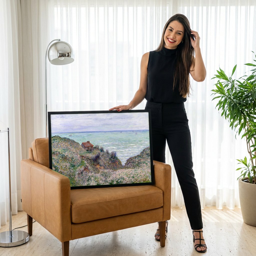 Quadro Decorativo A Casa do Pescador, Varengeville - Monet | modelo apresentando o quadro emoldurado