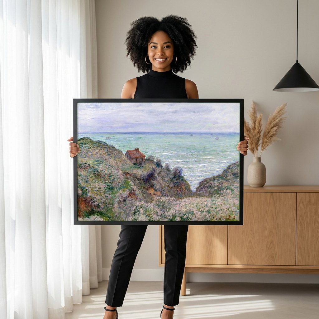 Quadro Decorativo A Casa do Pescador, Varengeville - Monet | modelo apresentando o quadro emoldurado