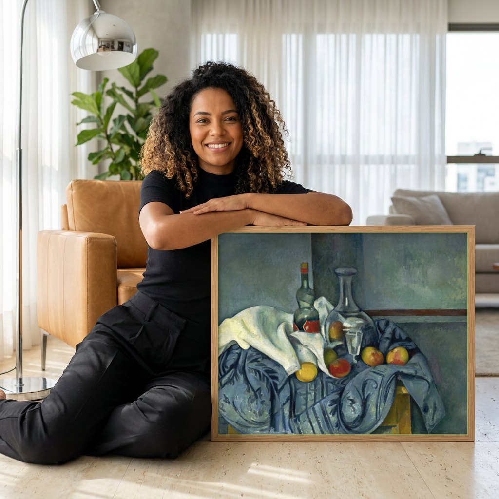 Quadro Decorativo Natureza-morta com Garrafa e Frutas - Cézanne | modelo apresentando o quadro emoldurado