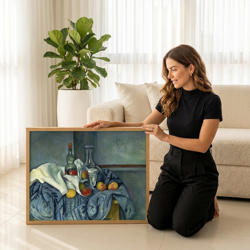 Quadro Decorativo Natureza-morta com Garrafa e Frutas - Cézanne | modelo apresentando o quadro emoldurado