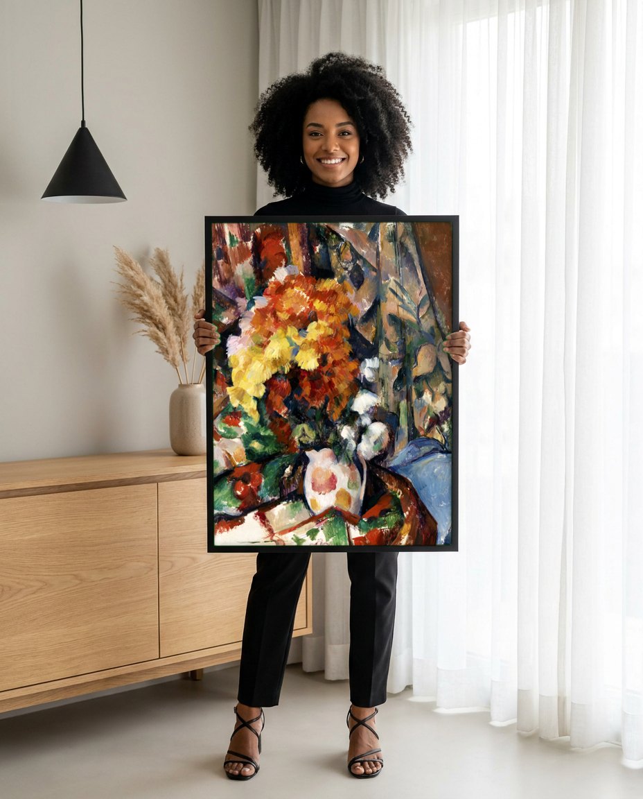 Quadro Decorativo Cesto de Frutas e Flores - Paul Cézanne | modelo apresentando o quadro emoldurado