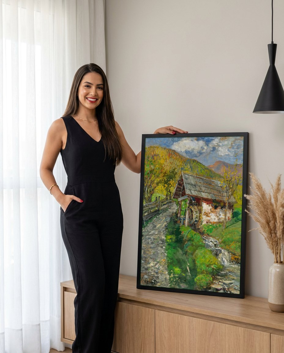 Quadro Decorativo Moinho na Montanha - Marie Egner | modelo apresentando o quadro emoldurado