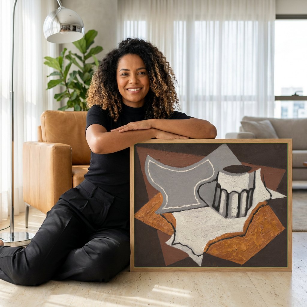 Quadro Decorativo Natureza-morta com Jarro e Copo - Juan Gris | modelo apresentando o quadro emoldurado