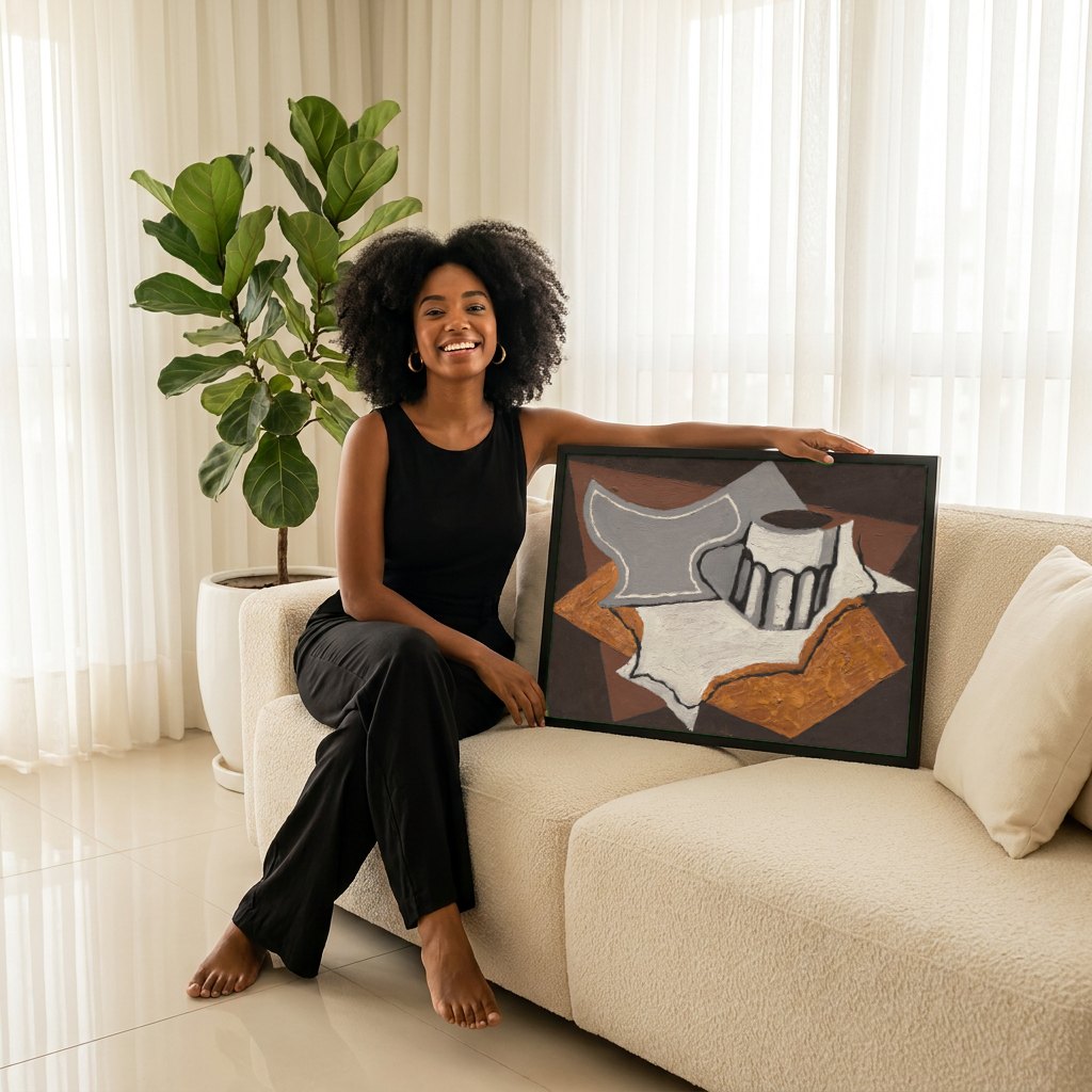 Quadro Decorativo Natureza-morta com Jarro e Copo - Juan Gris | modelo apresentando o quadro emoldurado