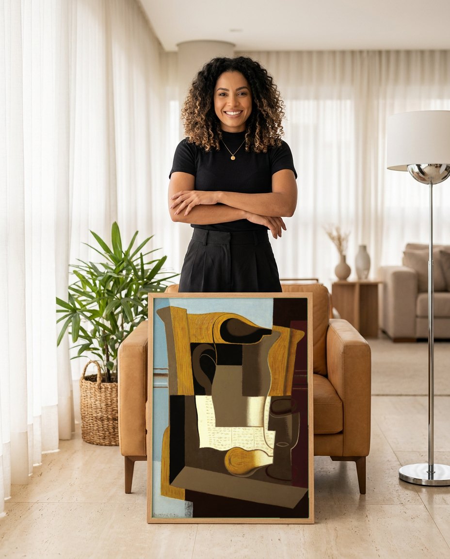 Quadro Decorativo Natureza Morta com Jarro - Juan Gris | modelo apresentando o quadro emoldurado