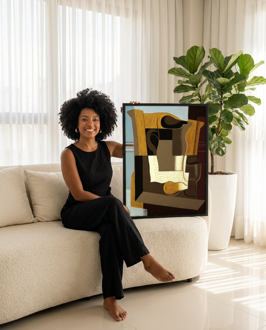 Quadro Decorativo Natureza Morta com Jarro - Juan Gris | modelo apresentando o quadro emoldurado