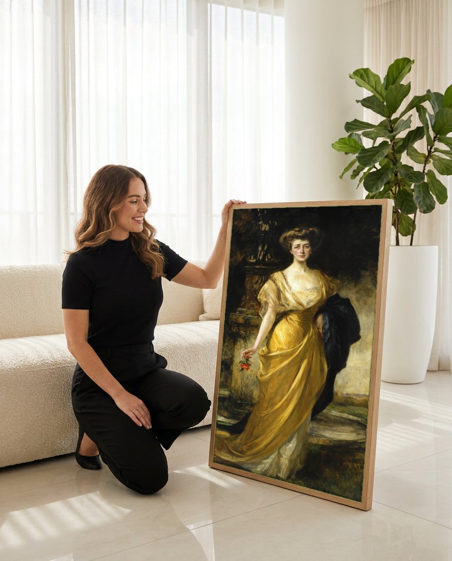 Quadro Decorativo A Dama do Vestido Amarelo - James Jebusa Shannon | modelo apresentando o quadro emoldurado