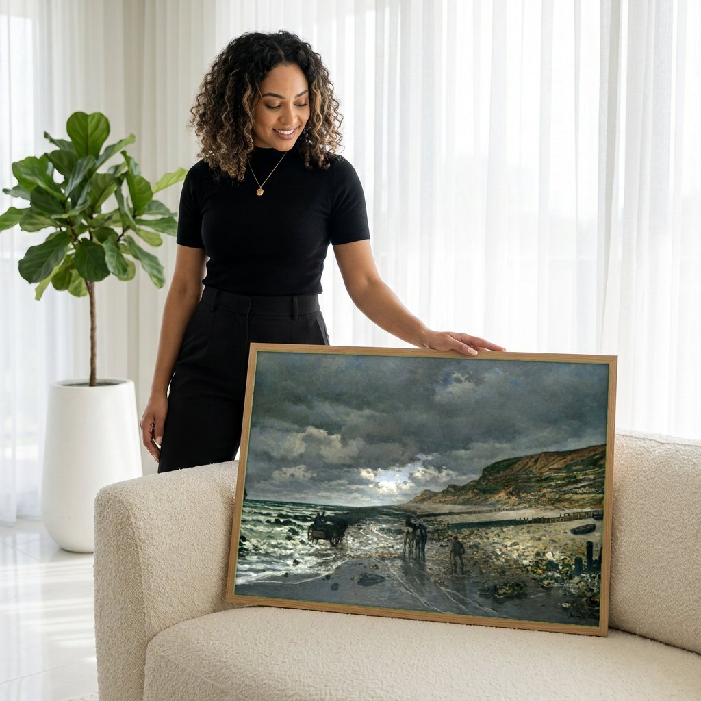 Quadro Decorativo Praia de Pourville, maré baixa - Claude Monet | modelo apresentando o quadro emoldurado