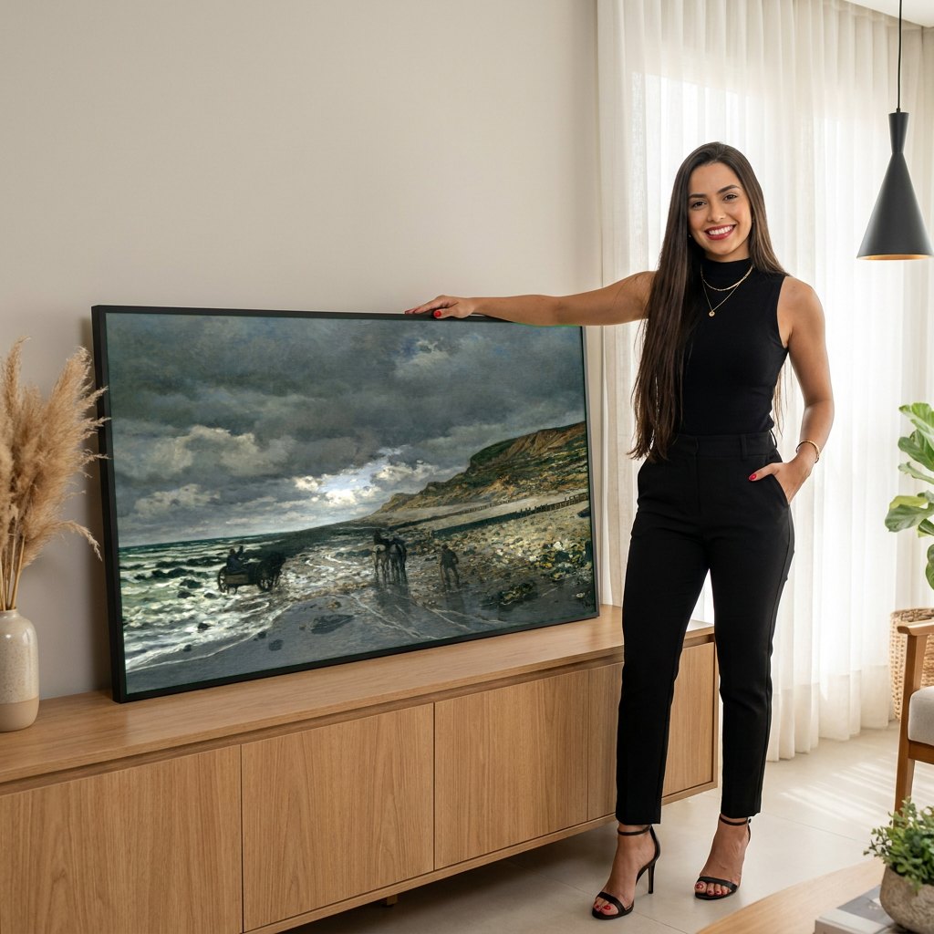 Quadro Decorativo Praia de Pourville, maré baixa - Claude Monet | modelo apresentando o quadro emoldurado