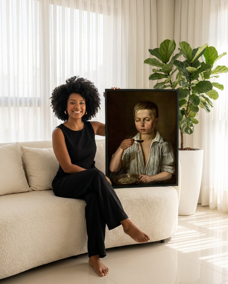 Quadro Decorativo O Menino com a Colher - Józef Simmler | modelo apresentando o quadro emoldurado