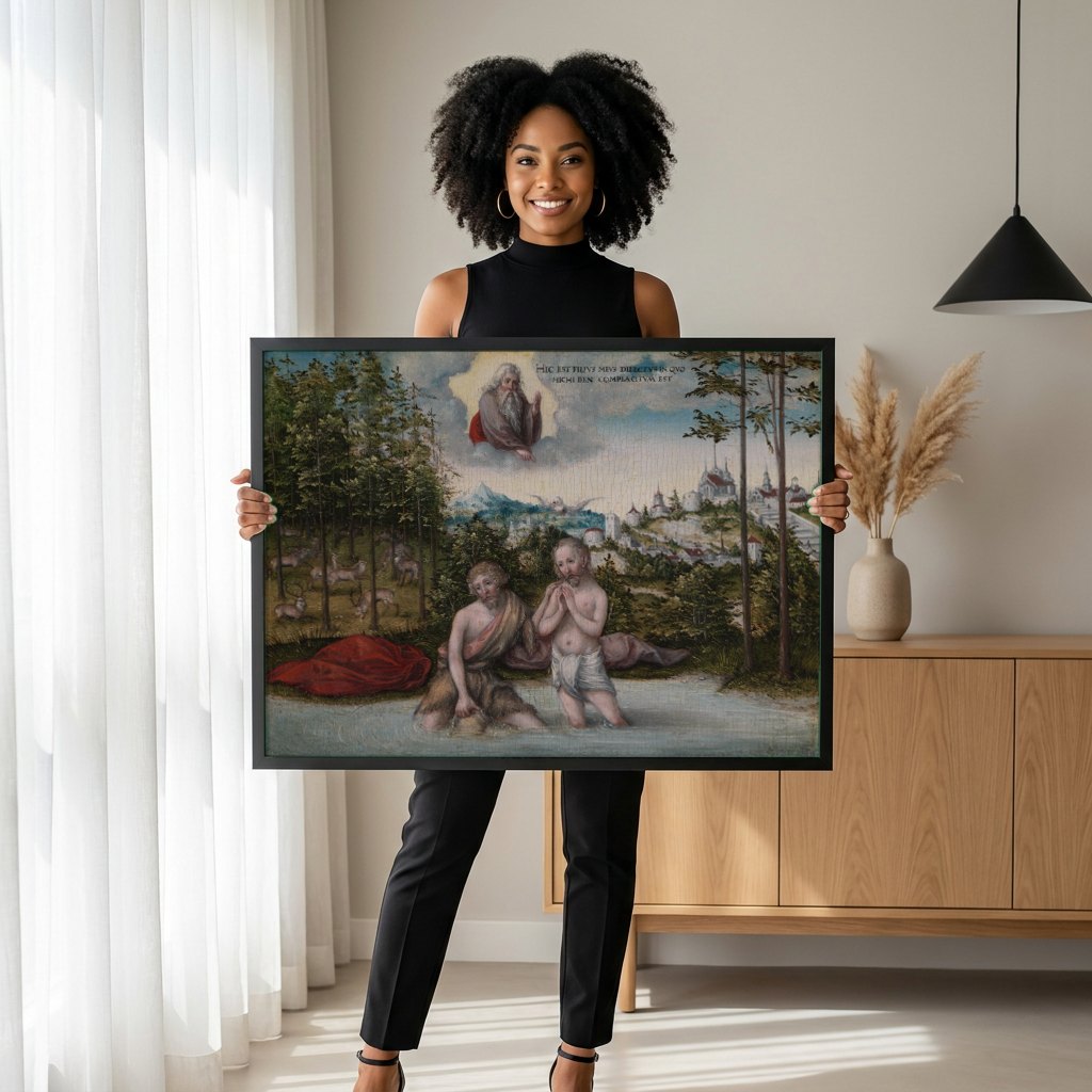 Quadro Decorativo O Batismo de Cristo - Cranach, o Velho | modelo apresentando o quadro emoldurado