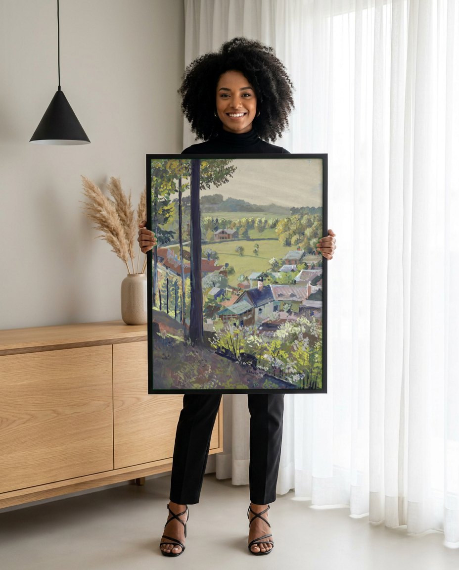 Quadro Decorativo Paisagem Alpina - Oskar Laske | modelo apresentando o quadro emoldurado