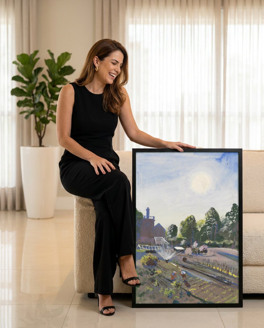 Quadro Decorativo Jardins com Irrigador - Oskar Laske | modelo apresentando o quadro emoldurado