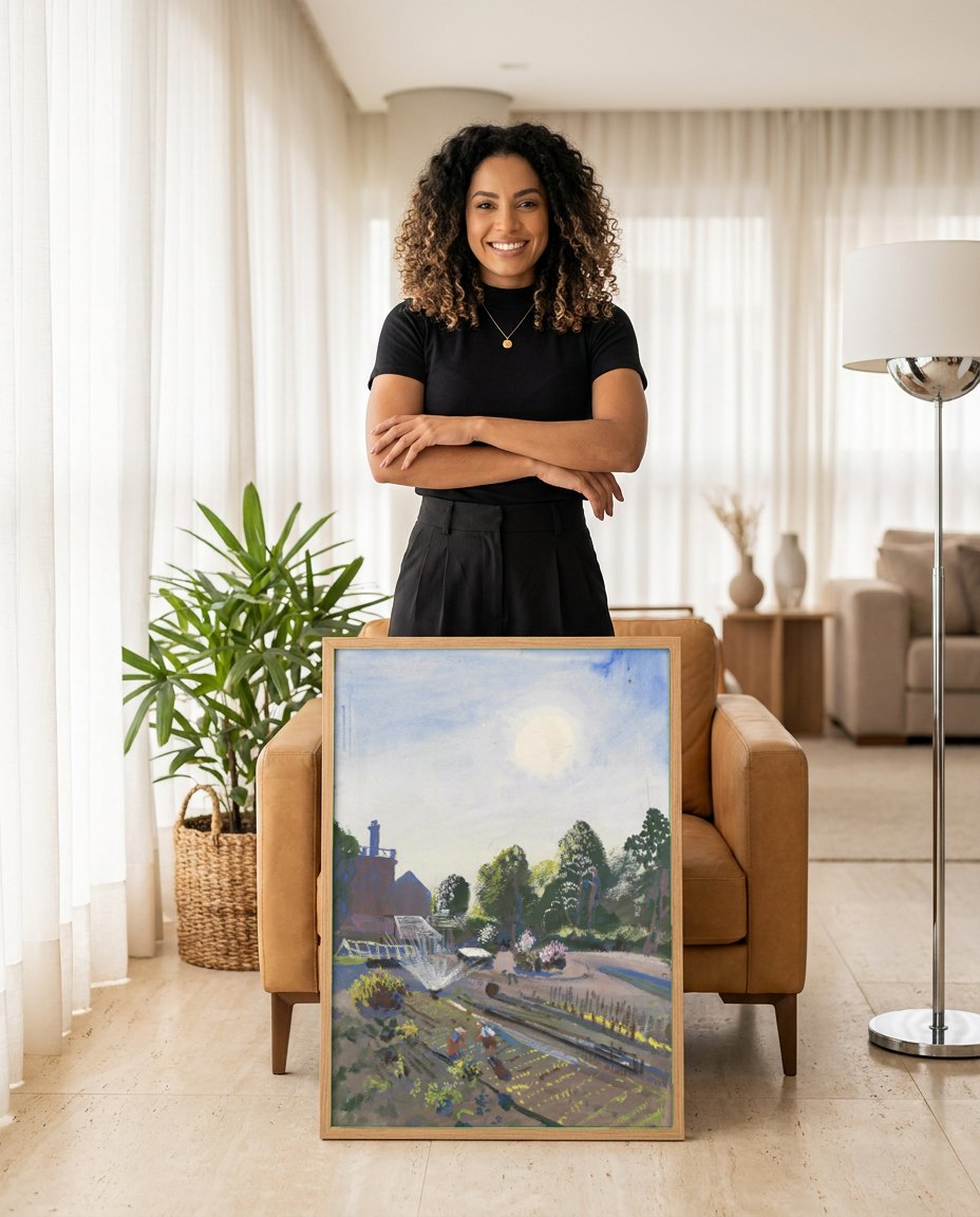 Quadro Decorativo Jardins com Irrigador - Oskar Laske | modelo apresentando o quadro emoldurado