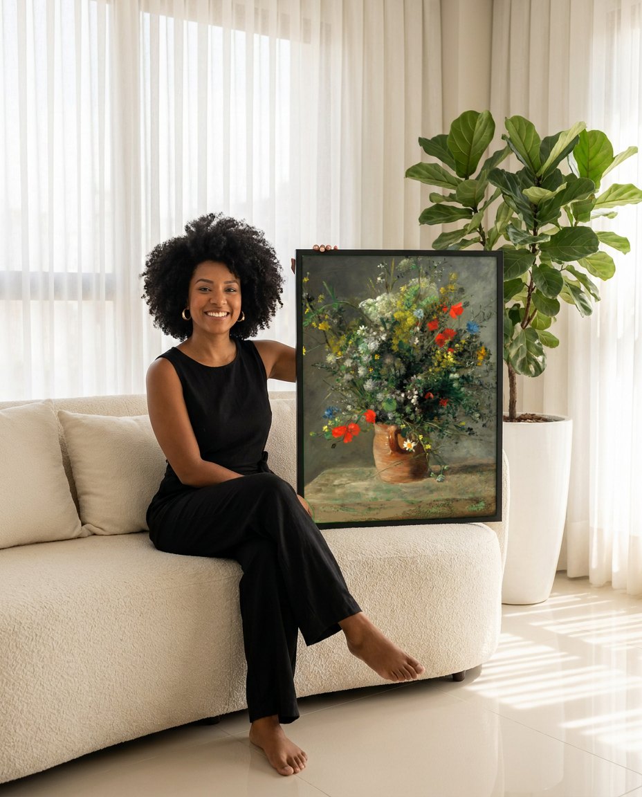 Quadro Decorativo Vaso de Flores - Renoir | modelo apresentando o quadro emoldurado