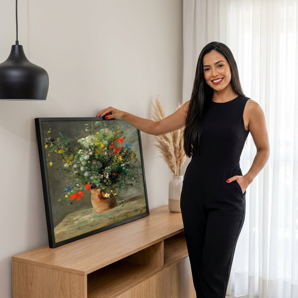 Quadro Decorativo Vaso de Flores - Renoir | modelo apresentando o quadro emoldurado