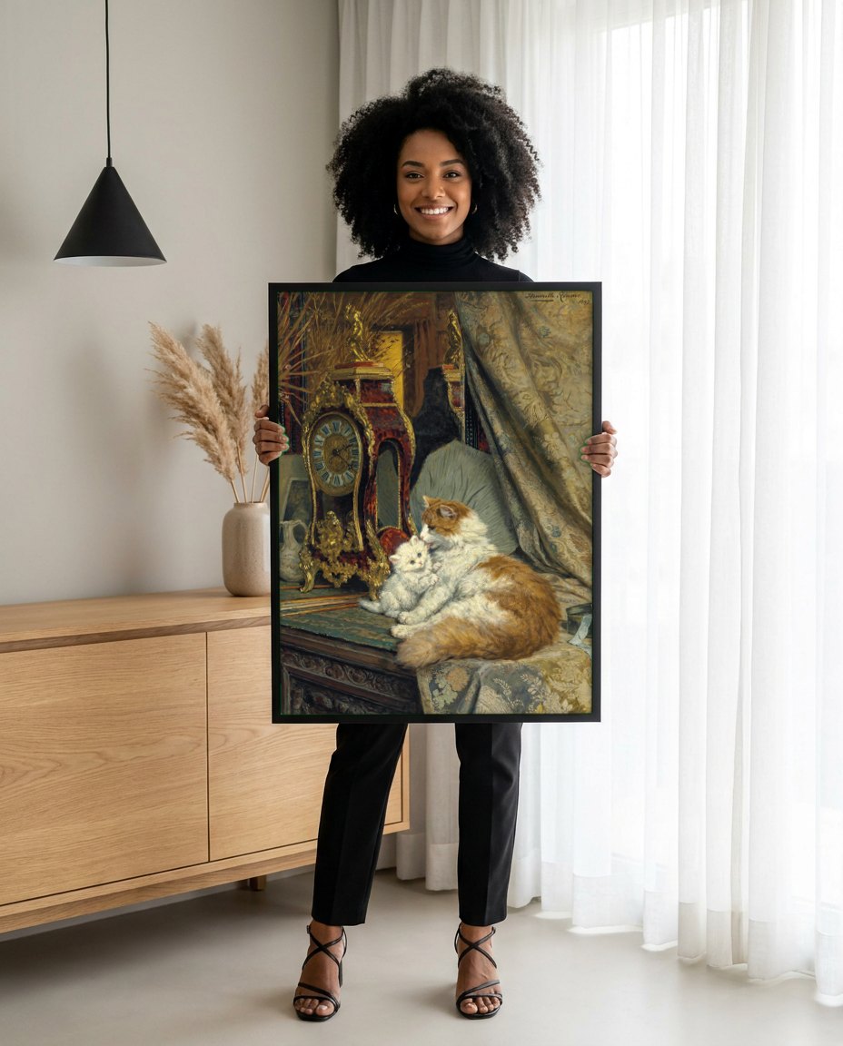 Quadro Decorativo Gatos com Relógio - Henriëtte Ronner Knip | modelo apresentando o quadro emoldurado