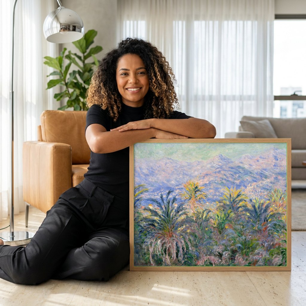 Quadro Decorativo Palmeiras em Bordighera - Claude Monet | modelo apresentando o quadro emoldurado