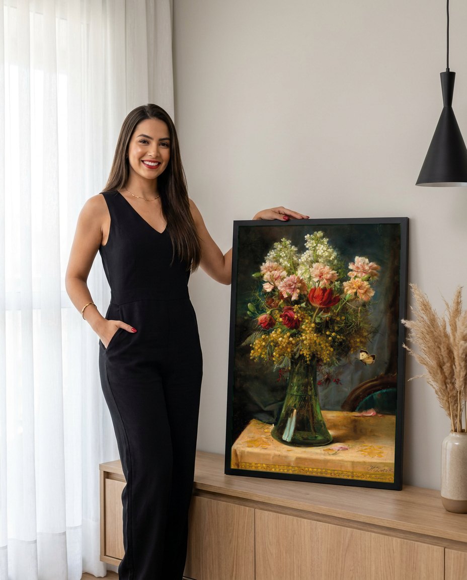 Quadro Decorativo Vaso de Flores com Borboleta - Hans Zatzka | modelo apresentando o quadro emoldurado