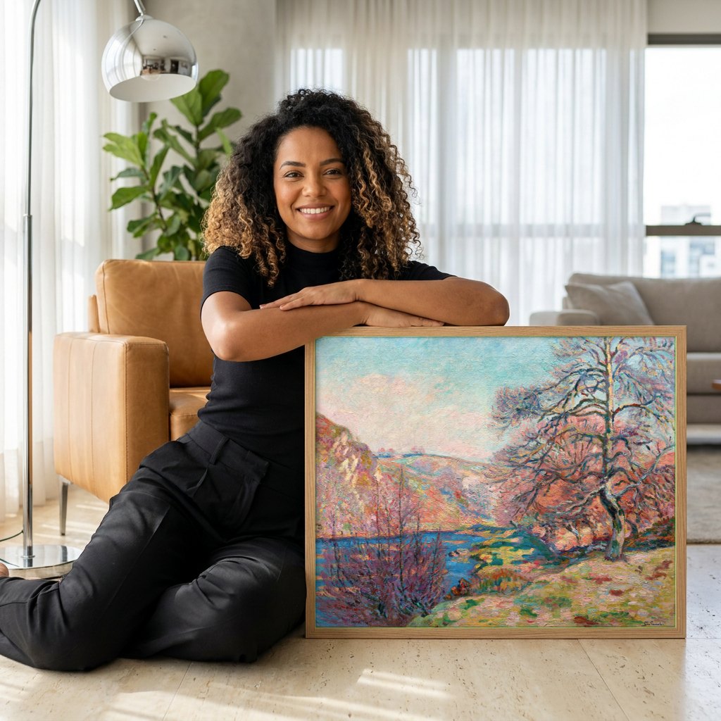 Quadro Decorativo Paisagem Outonal com Rio - Armand Guillaumin | modelo apresentando o quadro emoldurado