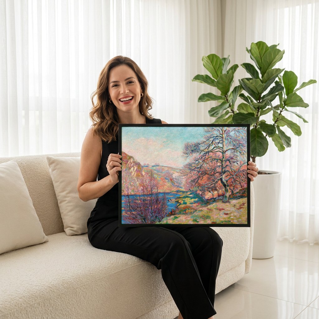 Quadro Decorativo Paisagem Outonal com Rio - Armand Guillaumin | modelo apresentando o quadro emoldurado
