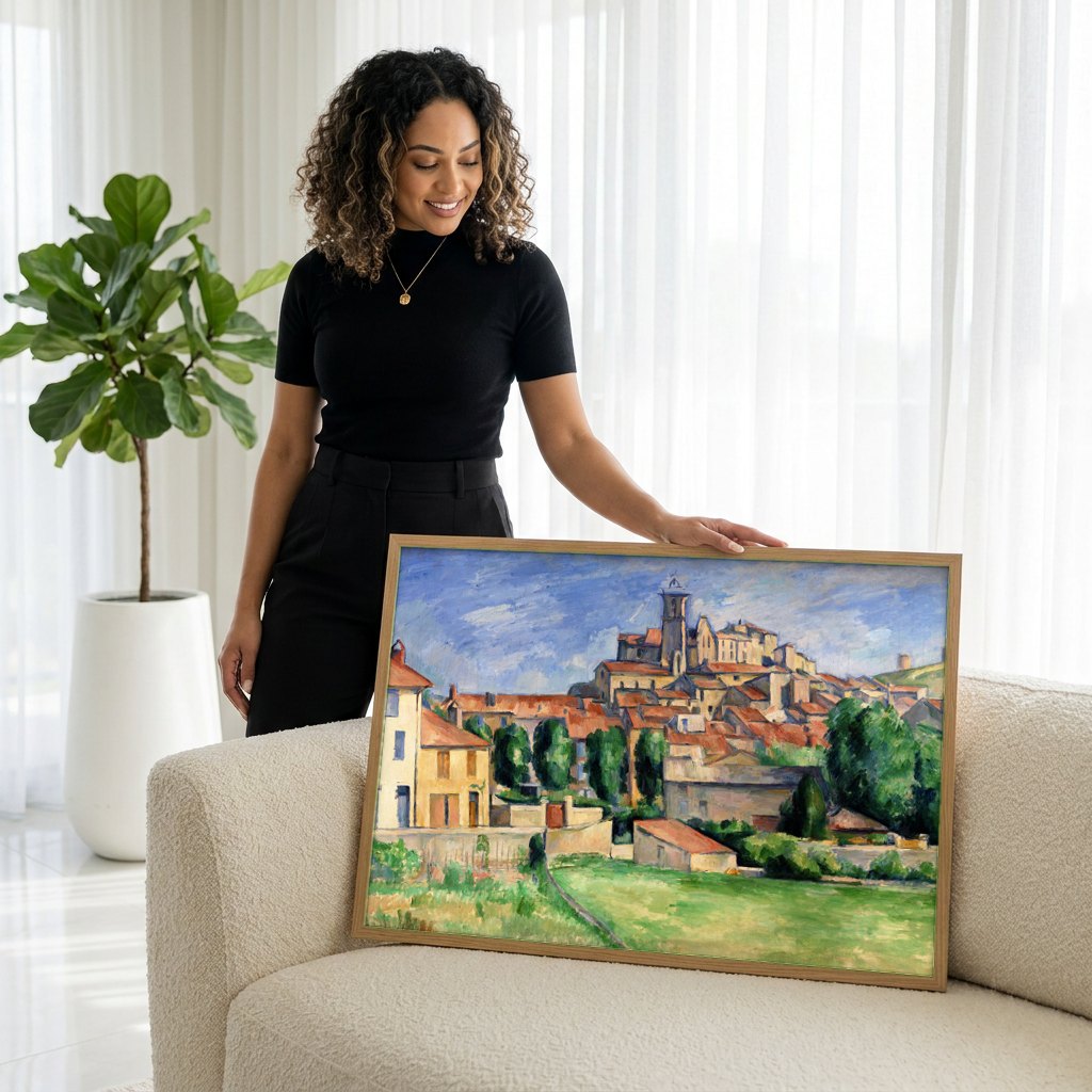 Quadro Decorativo A Cidade de Auvers-sur-Oise - Cézanne | modelo apresentando o quadro emoldurado
