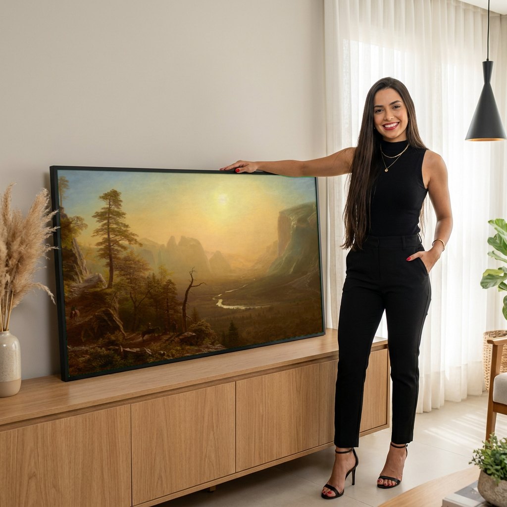 Quadro Decorativo 'Vale do Yosemite' - Albert Bierstadt | modelo apresentando o quadro emoldurado
